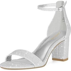 Pizz Annu Womens Size 7 Silver Glitter 2.5" Heel Open Toe Ankle Strap Shoes